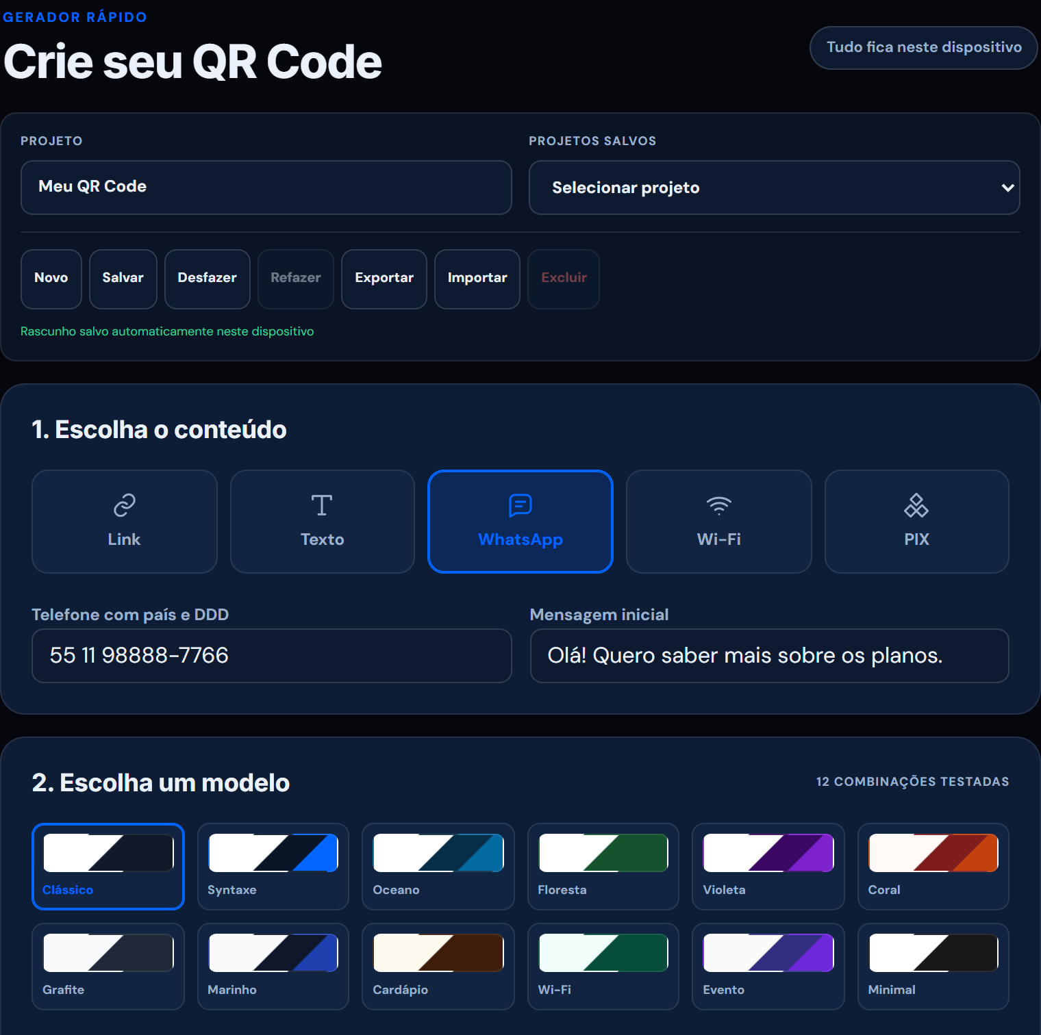Conteúdo, modelo e prévia ao vivo na mesma tela