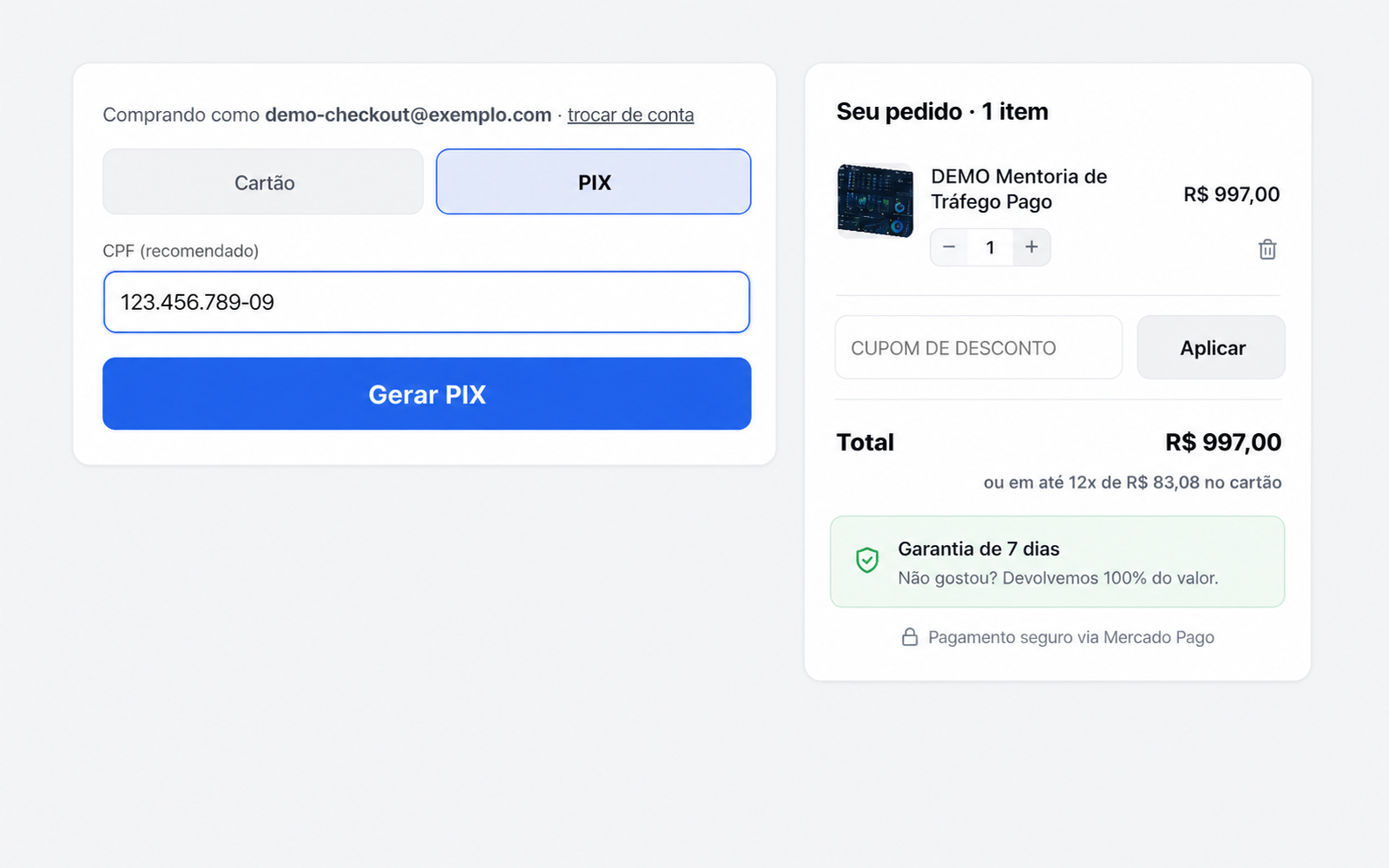 O cliente paga em PIX ou cartão sem sair da sua página