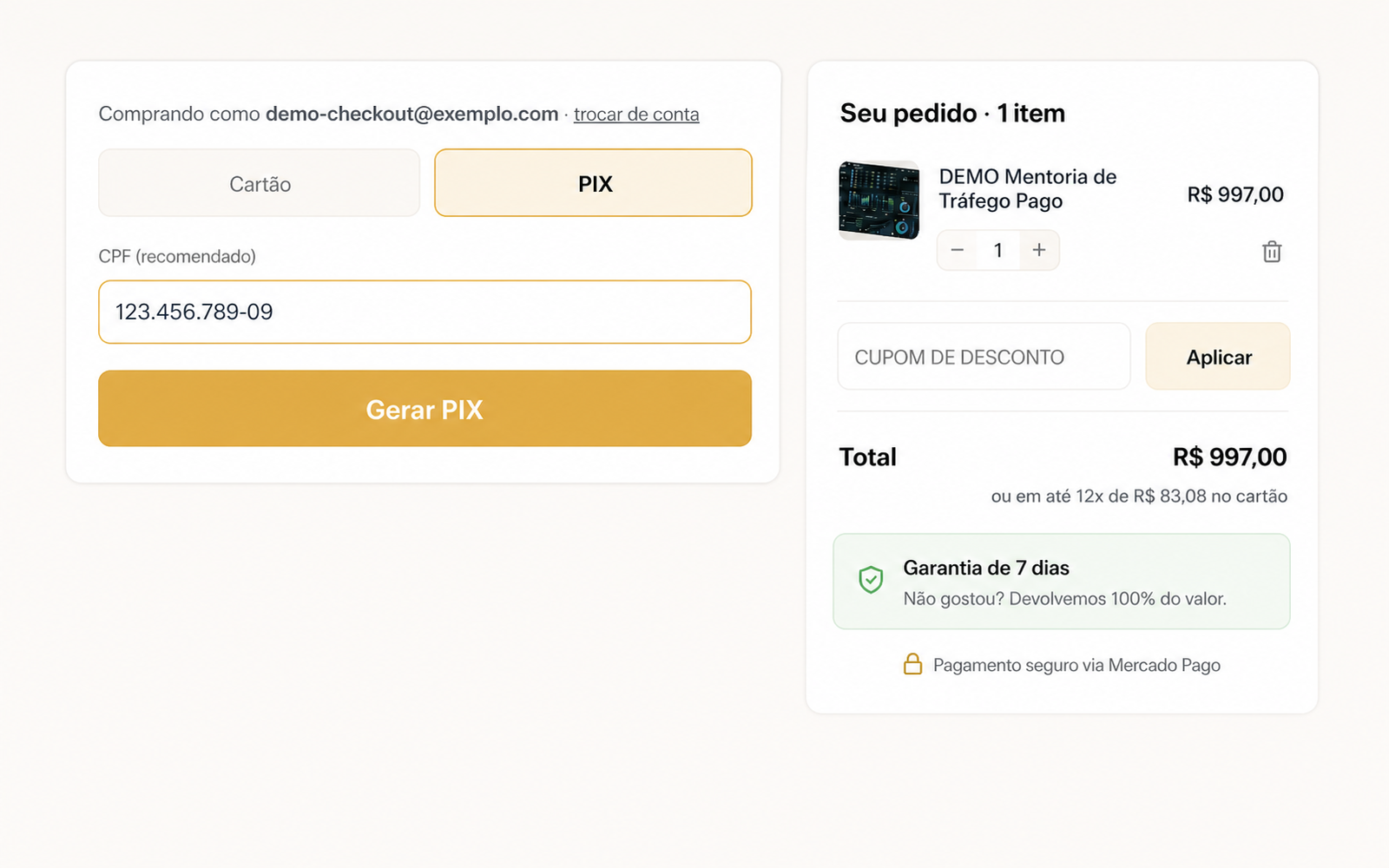 O cliente paga em PIX ou cartão sem sair da sua página